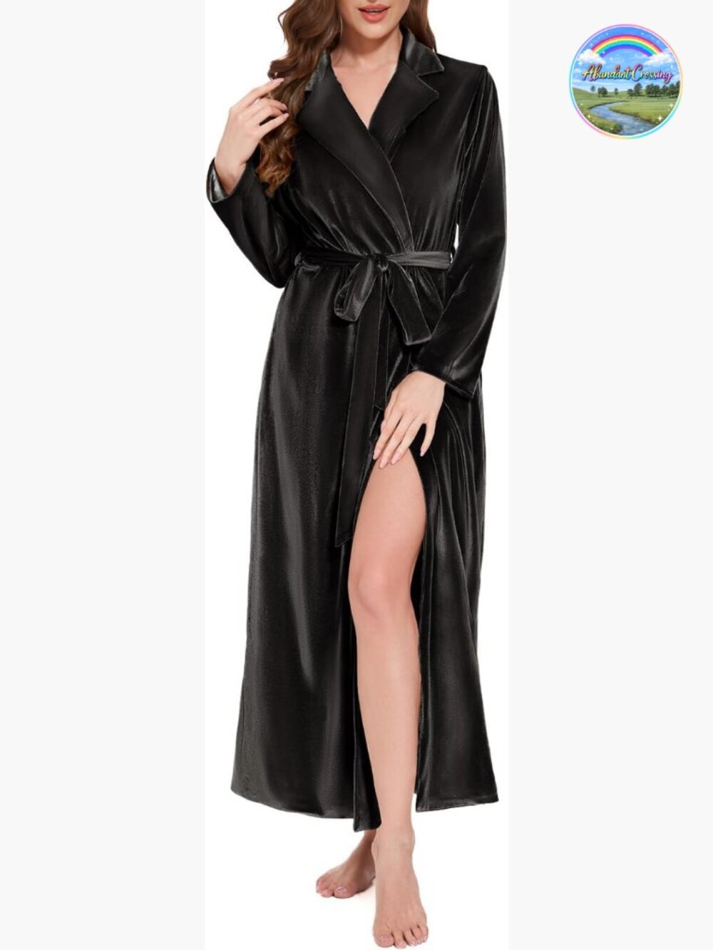 Women's Long Velvet Robe with Shawl Collar and Tie Belt